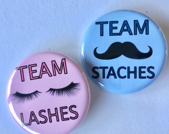 lashes and staches (20 pack) gender reveal party favors 1.25 inch or 1.5 inch pinback buttons to wear