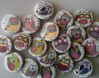 whimsical owl buttons gift set of 20 1", 1.25" or 1.5" pin, flat, hollow or magnet back