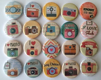 set of 20 photography 1 inch or 1.25 inch buttons pinback flatback or hollowback