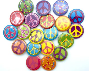 peace sign gift set of 20 buttons pinback flatback hollowback or magnet you choose 1" 1.25" 1.5" or 1.75" pin flat hollow or fridge magnet.