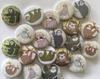cute sloth party favor set of 20 buttons.  choose 1" 1.25" or 1.5" pin, flat, hollow or magnet back