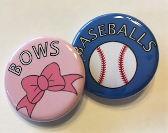 baseballs and bows gender reveal party favors 1.25 inch or 1.5 inch pinback buttons to wear