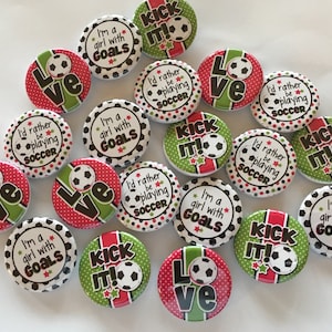 soccer themed set of 20 1&quot; 1.25&quot; 1.5&quot; or 2.25&quot;  inch soccer buttons pin flat back, hollowback or magnets