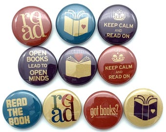 TEN (ten) Reading Book Lover Button Set. Choose From Multiple