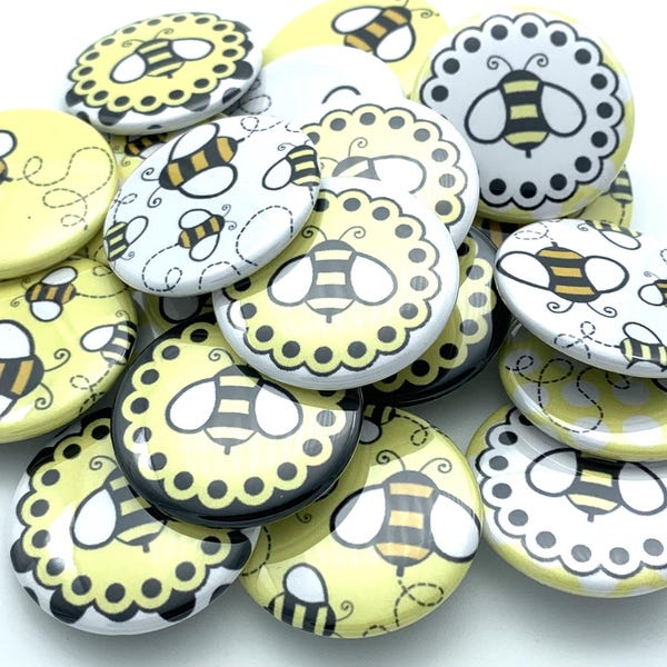 Bee themed buttons set / lot of TWENTY / various sizes and backs / great gift or party favor