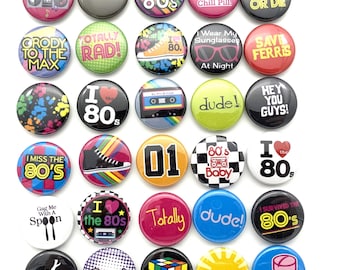 1980's love the 80'set of 30 1 inch 1.25 inch or 1.5 inch  I love the 80's flatback, pinback, hollow back or magnet buttons