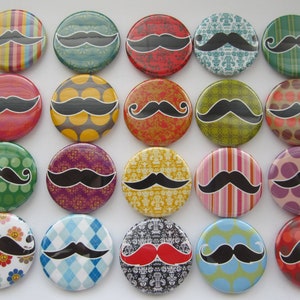 funny mustaches set of 20 1&quot; or 1.25 inch buttons pinback flatback, hollow, or magnet