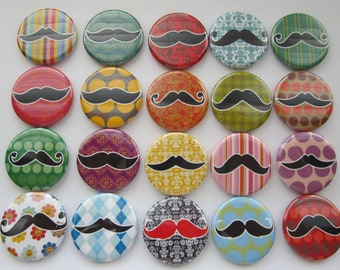 funny mustaches set of 20 1" or 1.25 inch buttons pinback flatback, hollow, or magnet