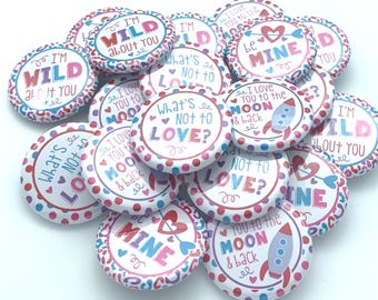 TWENTY Valentine's day buttons.  various sizes and back types.  colorful valentine gift idea or party favor