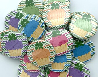 Saint patrick's day cupcake buttons/ TWENTY PACK / various sizes and backs / great party favor / Wear green/ coworker gift