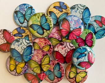 colorful bright butterfly gift buttons set of 20 1", 1.25" or 1.5" pin, flat, hollow or magnet back