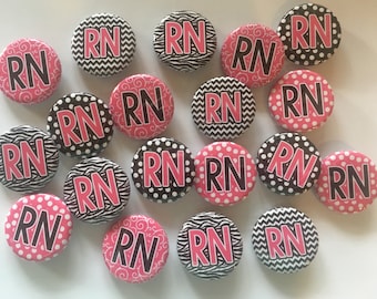 registered nurse rn nursing and nurse theme set of 20 buttons.  1" or 1.25" choose from pins, flat, hollow or magnets