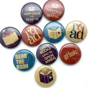 TEN (ten) reading book lover button set.  Choose from multiple sizes and back types.