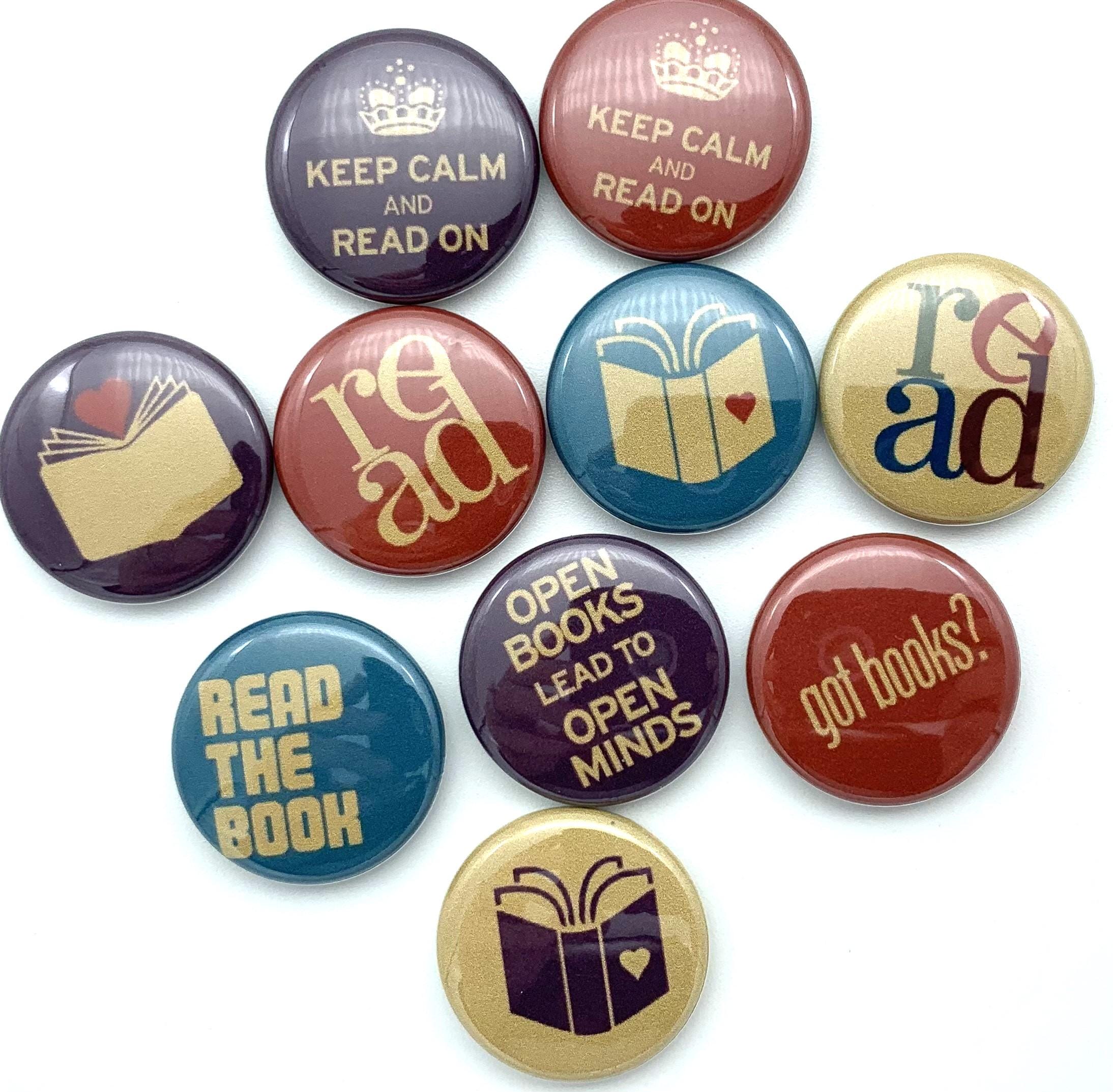 TEN (ten) reading book lover button set.  Choose from multiple sizes and back types.