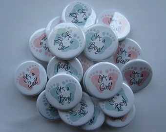 set of 20 Gender reveal party baby footprint themed button pins (10 girl and 10 boy) set of 20 1.25" or 1.5"