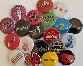 Track running themed gift set of 20 1" 1.25": or 1.5 inch buttons pinback flatback or hollowback or fridge magnet