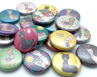 cute llama button set of TWENTY / great party favor or gift / various sizes and backs