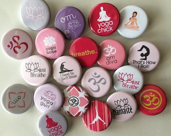 yoga themed buttons. Set of 20 1" or 1.25".  You choose pin, hollow, flat or magnet