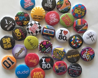 1980's love the 80'set of 30 1 inch 1.25 inch or 1.5 inch  I love the 80's flatback, pinback, hollow back or magnet buttons