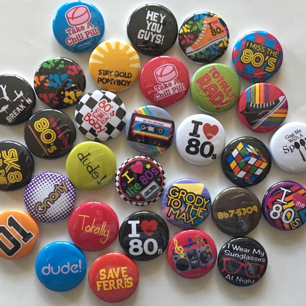 1980's love the 80'set of 30 1 inch 1.25 inch or 1.5 inch  I love the 80's flatback, pinback, hollow back or magnet buttons