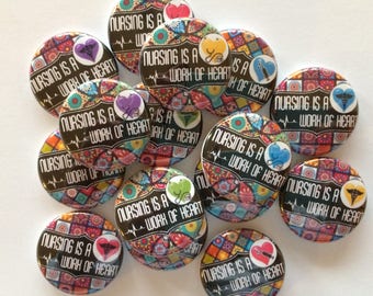 nursing and nurse theme set of 20 buttons.  1" 1.25" 1.5" or 2.25"  choose from pins, flat, hollow or magnets