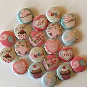 valentine designs buttons set of 20.  You can choose 1&quot;, 1.25&quot;, 1.5 or 2.25 pin, flat, hollow or magnets back