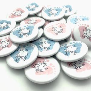set of 20 Gender reveal party baby footprint themed button pins (10 girl and 10 boy) set of 20 1.25&quot; or 1.5&quot;