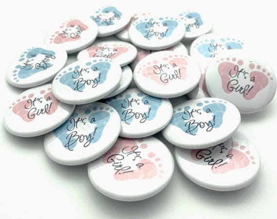 set of 20 Gender reveal party baby footprint themed button pins (10 girl and 10 boy) set of 20 1.25" or 1.5"