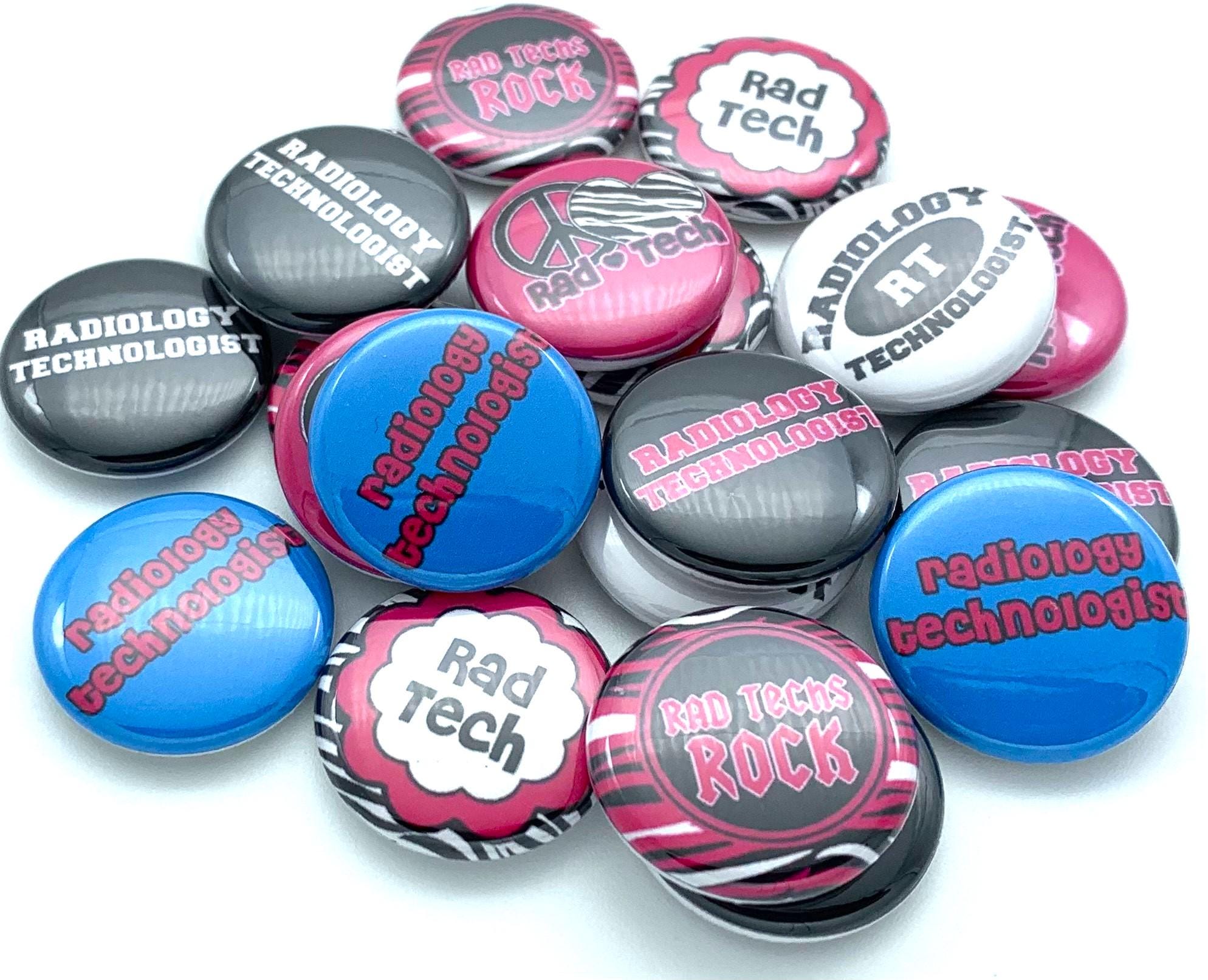 TWENTY rad tech buttons/various sizes and backs/great radiology technologist gift/badge reel supply