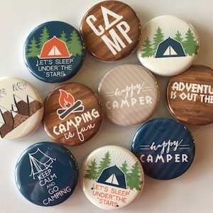 camping buttons 10 pack choose 1, 1.25 or 1.5 pin, flat, hollow or magnet back image 1