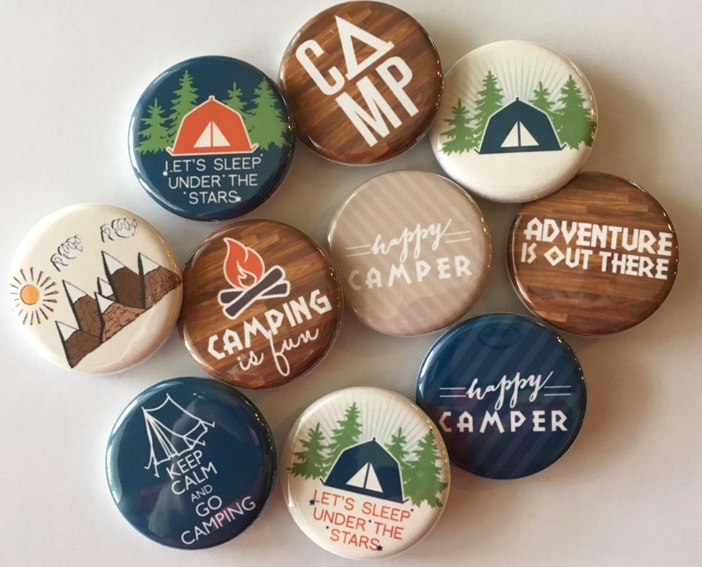 camping buttons 10 pack choose 1, 1.25 or 1.5 pin, flat, hollow or magnet back image 1