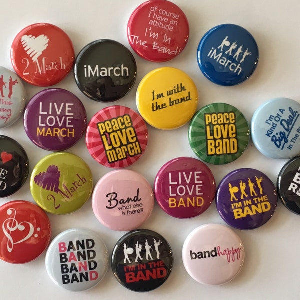 Marching band set of 20 buttons.  choose 1" 1.25" or 1.5" pin, flat, hollow or magnet back