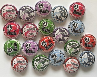music themed buttons set of 20 1", 1.25" 1.5" or 2.25" inch buttons pin, flat, hollow or magnet back