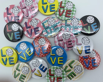 Volleyball themed set of 20 1", 1.25" or 1.5" inch volleyball buttons pin flat back, hollowback or magnets