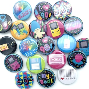 I love the 90's button set / lot of TWENTY / various backs and sizes / great retro party favor