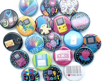 I love the 90's button set / lot of TWENTY / various backs and sizes / great retro party favor