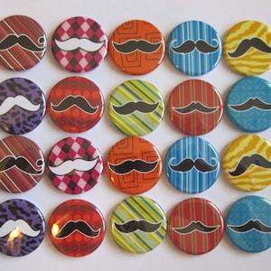 fun mustache themed set of 20 1.25 inch buttons pinback flatback or hollowback