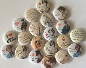 Jane Austen gift buttons set of 20  1" or 1.25" choose pin, flat, hollow or magnet