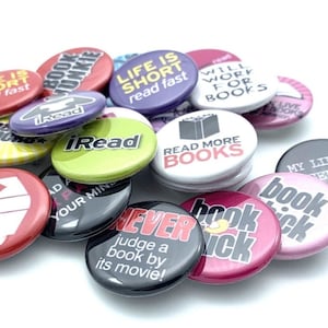 book club and reading themed set of TWENTY buttons various size and back types Great gift for book lovers and reader