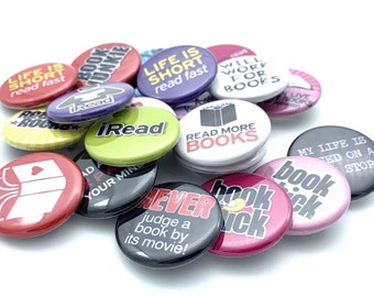 book club and reading themed set of TWENTY buttons various size and back types Great gift for book lovers and reader