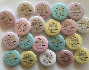 cute sloth party favor set of 20 buttons.  choose 1" 1.25" or 1.5" pin, flat, hollow or magnet back