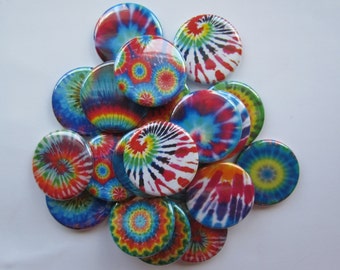 Tie dye button gift set of 20.  Choose from 1", 1.25", 1.5" or 2.25 inch pin, flat, hollow or magnet back