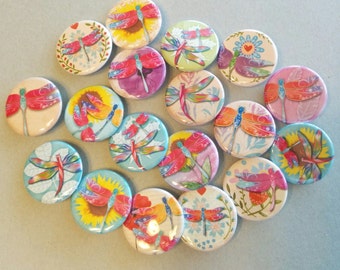 dragonfly button gift set of 20 buttons choose 1", 1.25", 1.5" pin, flat, hollow or magnet back