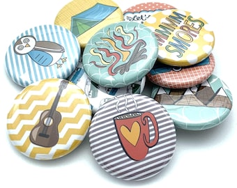 camping themed gift button set of 10 1" 1.25" or 1.5" pin, flat, hollow or magnet back