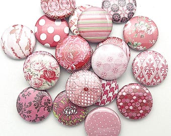 Pink patterns button set of TWENTY / various sizes and backs / great badge reel supply