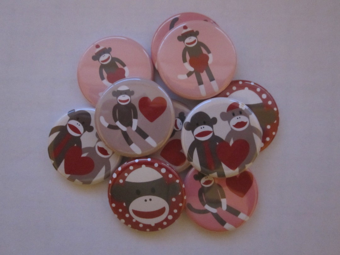 Monkey Pinback Buttons Set of 10 Valentine Sock Monkey 1 or 1.25 Inch Pinback Flatback ...