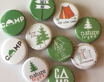 camping buttons (10 pack) choose 1", 1.25" or 1.5" pin, flat, hollow or magnet back