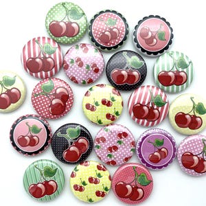 cherry themed button set of 20 / various sizes and back types / great coworker gift or badge reel supply