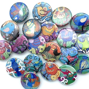 Colorful bird buttons / set of TWENTY / various backs and sizes / cute party favor