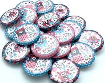 TWENTY Monster valentine's day buttons /  various backs and sizes/ great class gift or party favor/ coworker or significant other gift